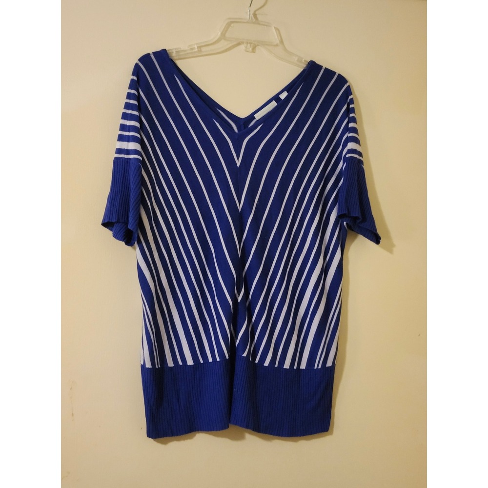 New York & Company Womens XL Blue White Striped V-Neck Knit Top Dolman Sleeve